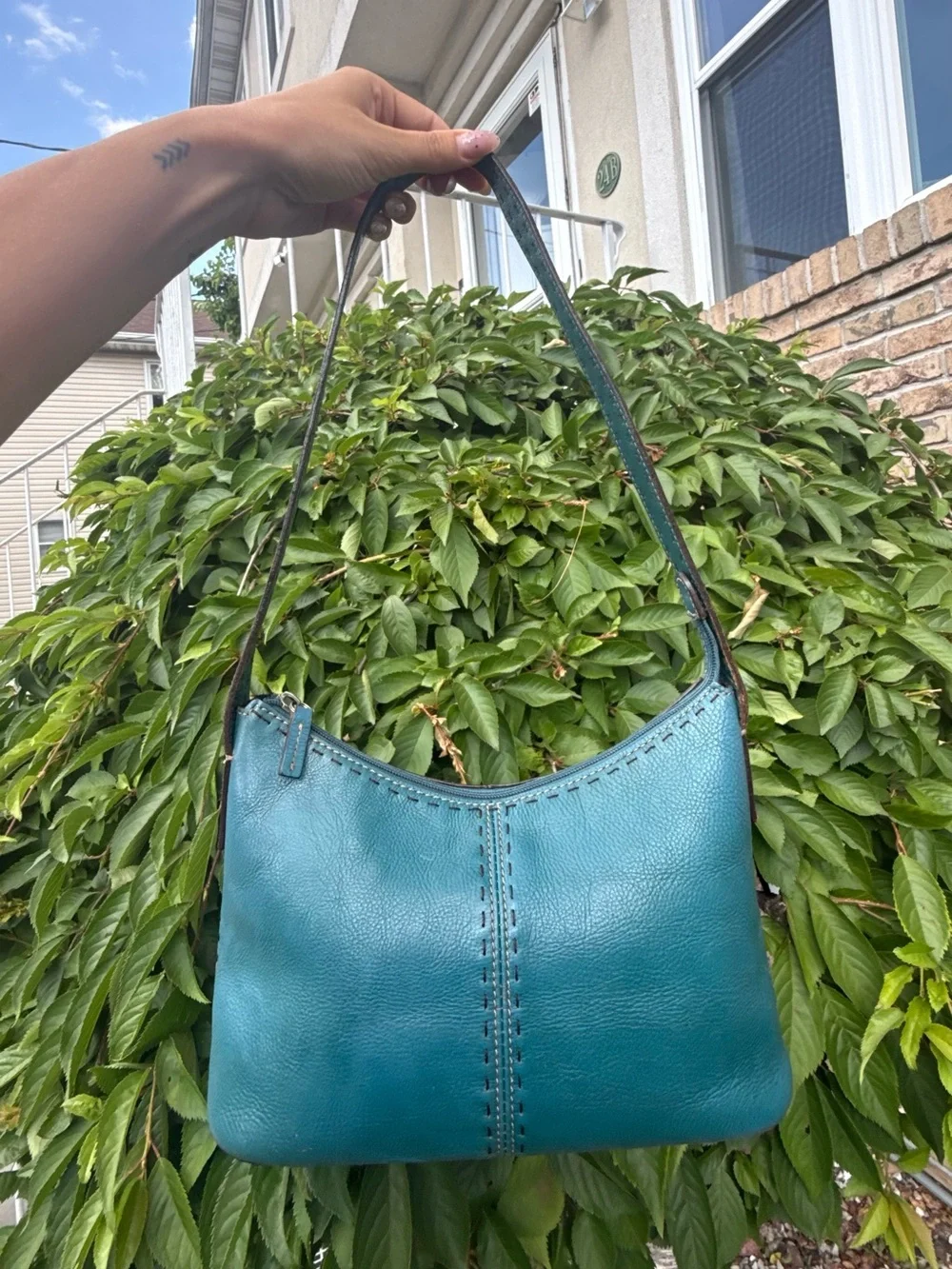 Vintage Fossil Teal Blue Leather Shoulder Bag Y2K Boho Purse - Picture 2 of 9